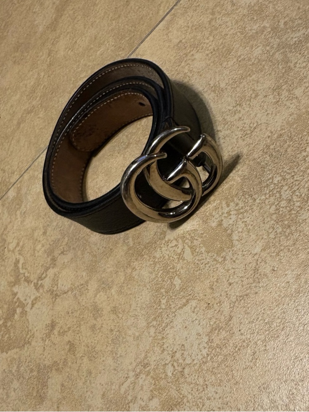 Kids Black Leather Gucci Belt with Interlocking Silver Buckle